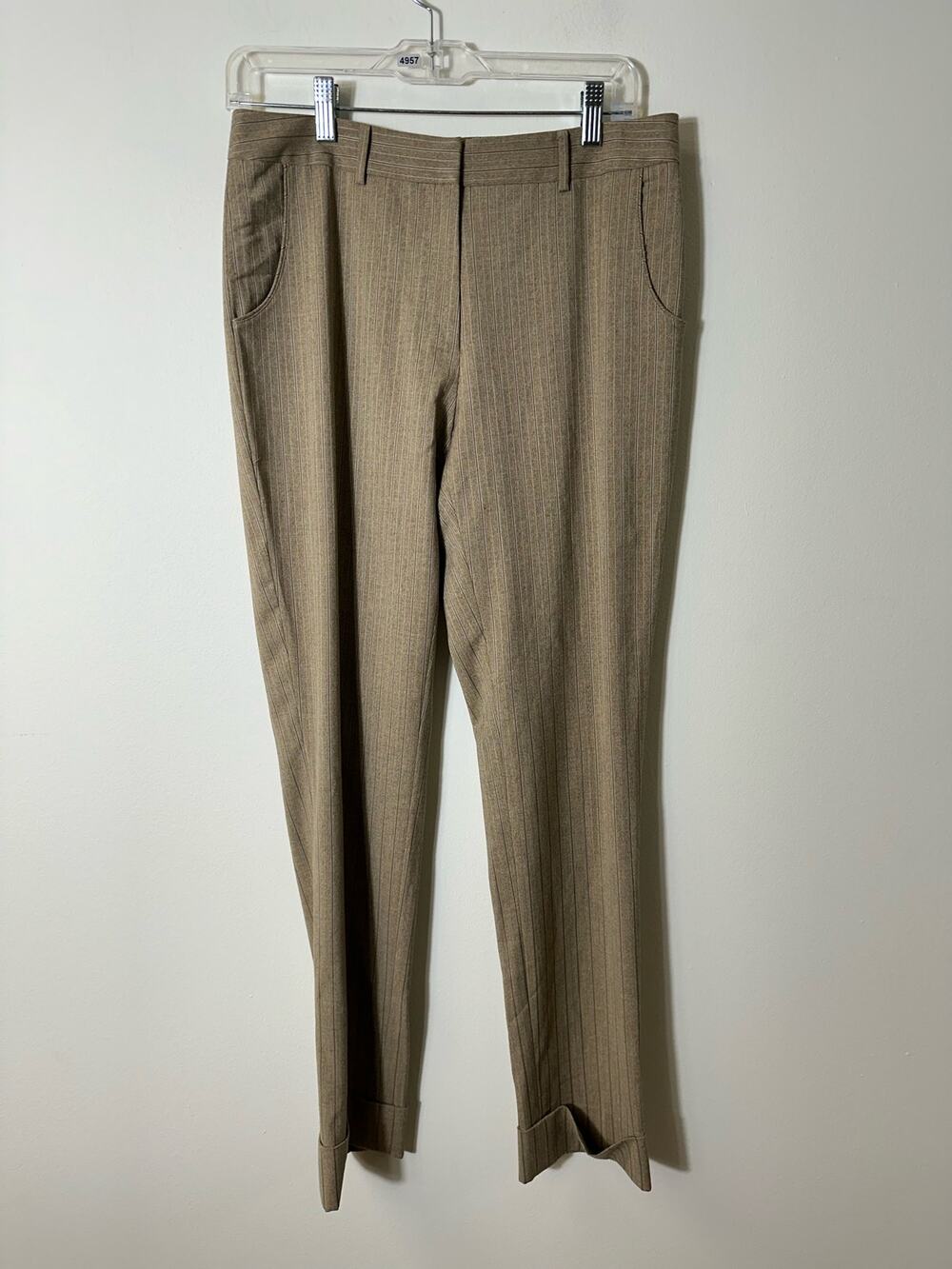 Per Se Brown Striped Straight Leg Cuffed Dress Pants Sz 4